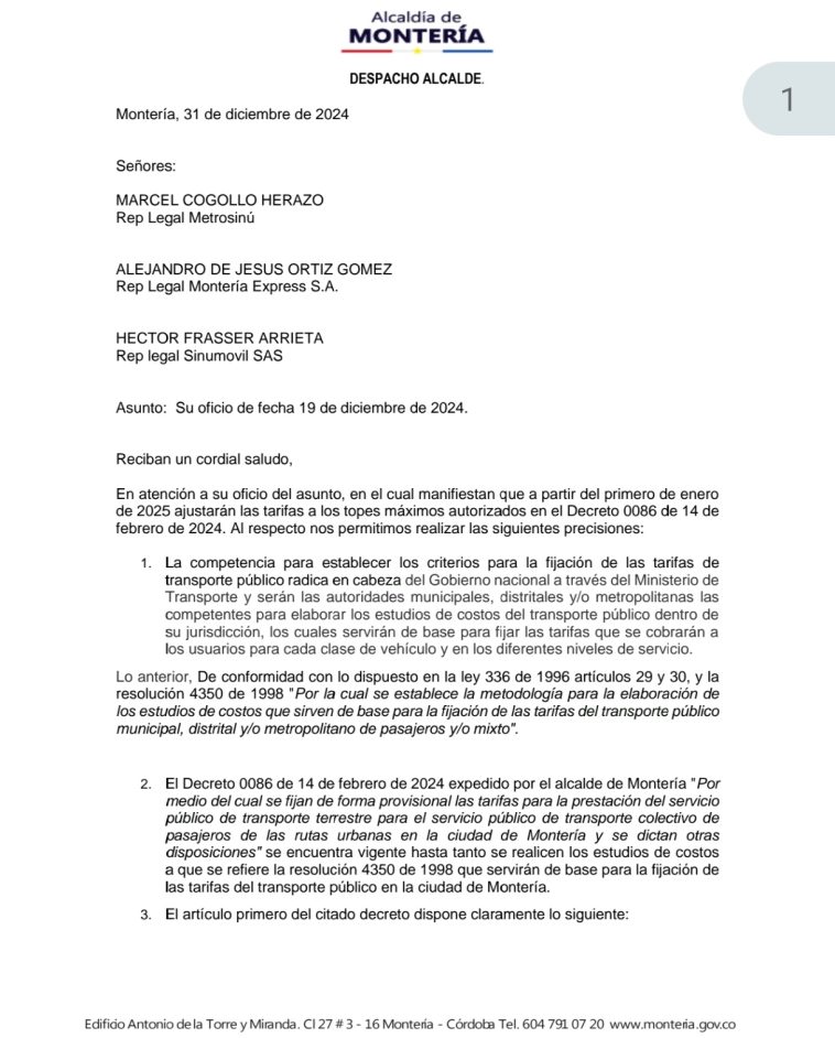 Alcaldía rechaza aumento de tarifa de transporte público anunciada por Metrosinú