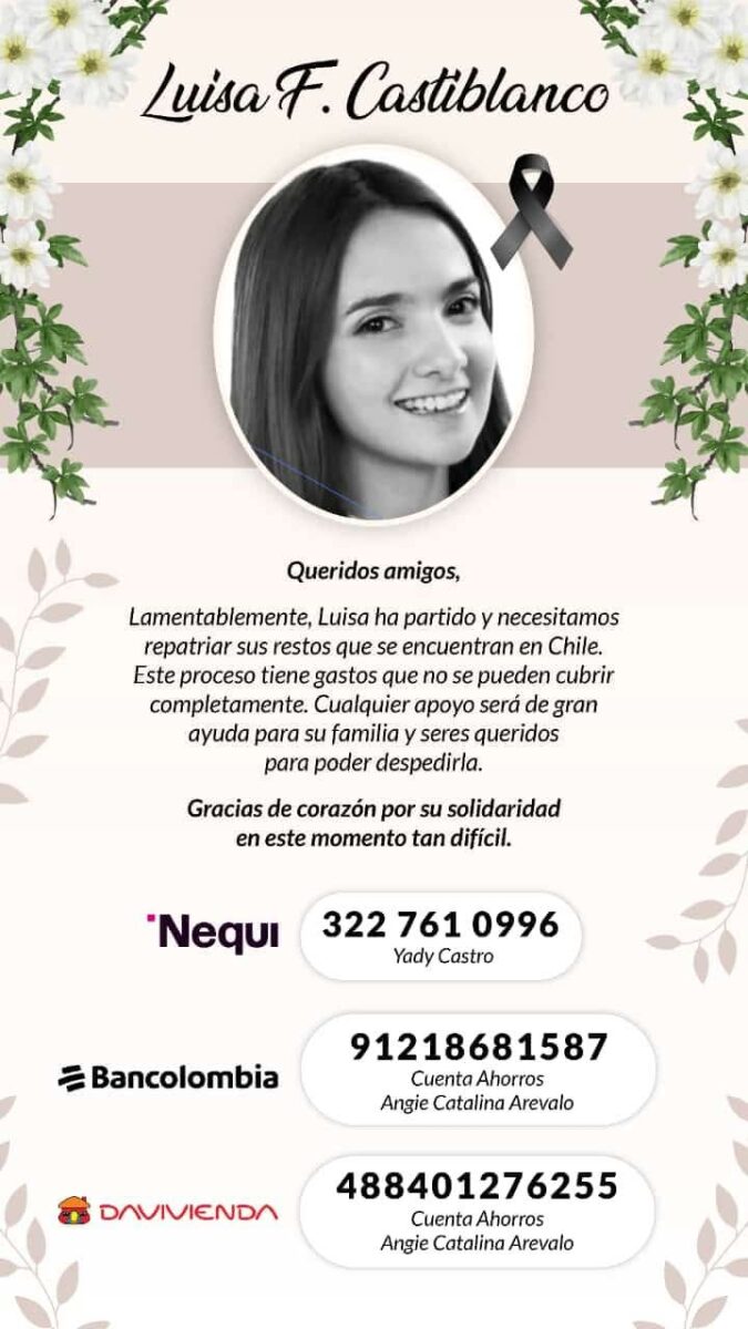 Buscan ayudas para repatriar el cuerpo de abogada colombiana que falleció en Chile La familia de Luisa, residente en la localidad de Kennedy, está enfrentando no solo el dolor de su pérdida, sino también el alto costo del trámite de repatriación.