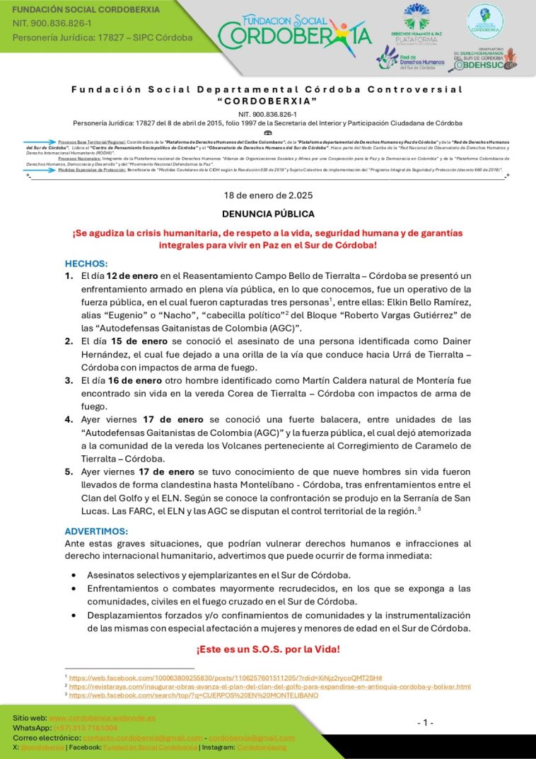 Cordoberxia alerta que podría recrudecerse la violencia en el sur de Córdoba