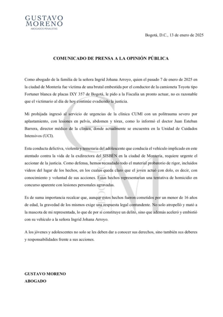 Gustavo Moreno asume la defensa del caso Ingrid Arroyo: exige celeridad