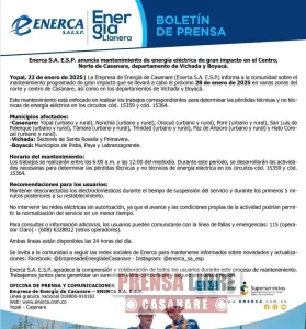 Hoy y el jueves cortes de energía eléctrica programados en Casanare