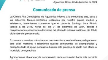 Murió Santiago Lora, hijo de familia asesinada en Cesar La Clínica de Alta Complejidad de Aguachica, Cesar confirmó en las últimas horas del fallecimiento de Santiago Lora Rincón.