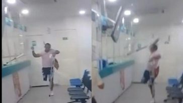 Cansado de esperar: paciente en muletas arremete contra droguería Cafam en Barranquilla