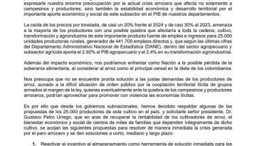 Gobernadores de 22 departamentos proponen la creación de un Fondo de Estabilización de precios del arroz